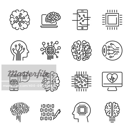 Simple set of artificial intelligence related line icons contains such icons as droid, eye, chip, brain. Editable Stroke. EPS 10