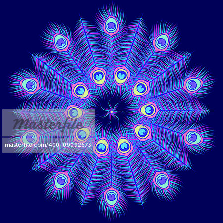 Colorful mandala made from peacock fearhers on dark blue background