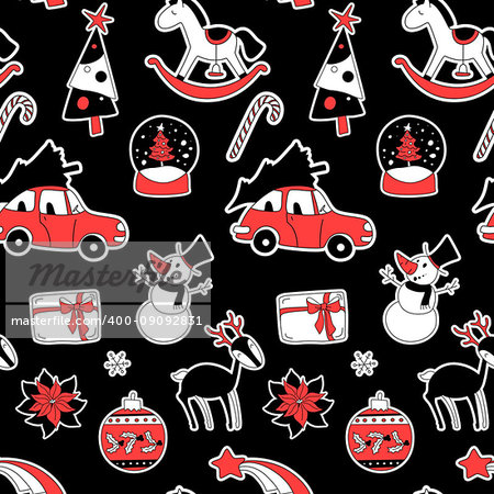 Christmas seamless pattern with xmas elements and symbols. black and red colors