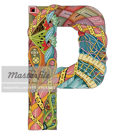 Hand-painted art design. Letter P zentangle object.