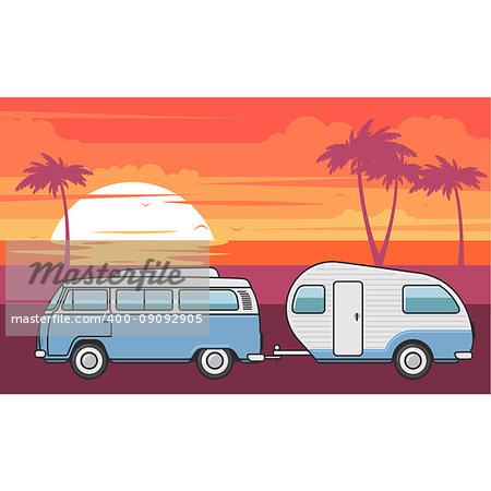 Retro van with camper trailer and evening sea beach