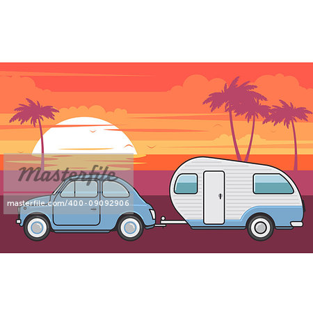 Retro car with camper trailer - summer vacation journey