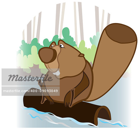 This file represents a beaver floating on a trunk. In the background there is water, bushes, and trees.