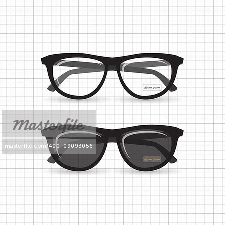 A set of stylish hipster sunglasses and reading glasses. Retro specs for style with highlights and a label of the designer's name.