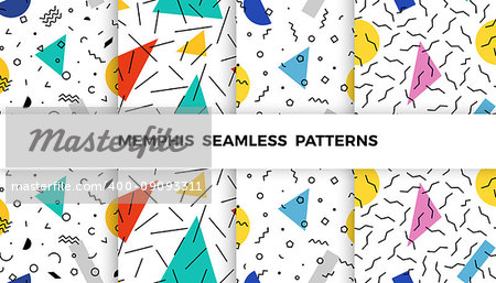 Set of bright geometric memphis patterns with wavy lines, triangles, circles, zig zags. 80s and 90s graphic design style. Vector seamless backgrounds.