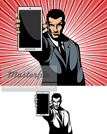Vector illustration of businessman showing the gadget