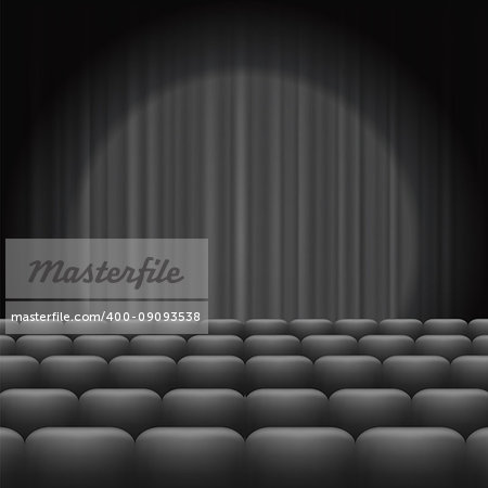 GreyCurtains with Spotlight and Seats. Classic Cinema with Grey Chairs