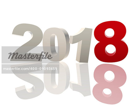 new year 2018 of 3d color ciphers with reflection over white background, holiday concept