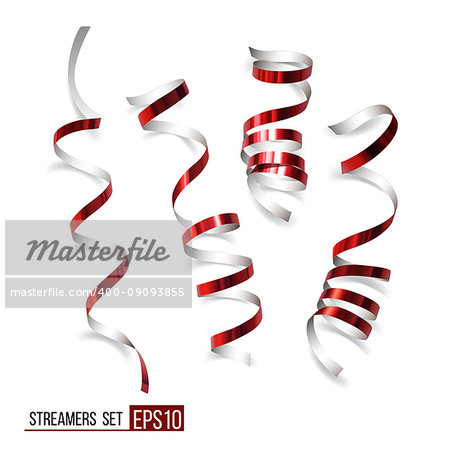 Festive red ribbons on white background. Realistic vector streamers. Carnival party serpentine decoration for your banner and greating card design.