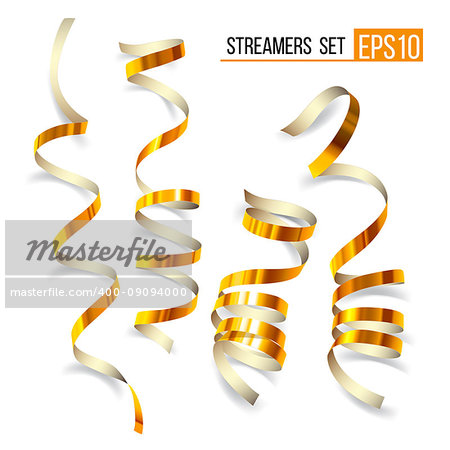 Set of gold streamers on white. Golden Curly ribbons, Celebration decoration, Serpentine party elements for your holiday design birthday, festive carnival or party greeting. Vector illustration EPS10.