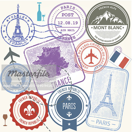 Travel stamps set - France and Paris journey symbols