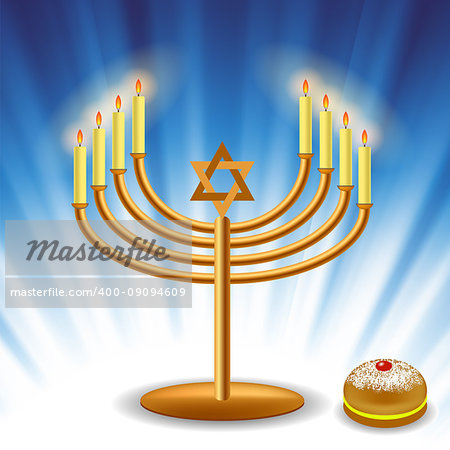 Menorah and Red Jelly Donat for Hanukkah on Blue Wave Background