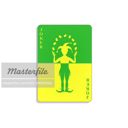 Playing card with Joker in green and yellow design with shadow on white background