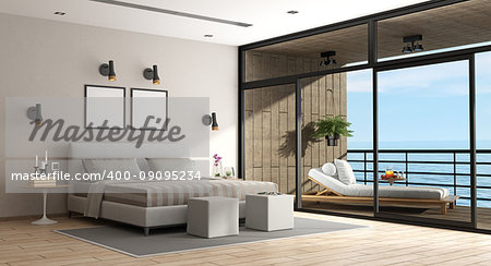 Large master bedroom of an holiday villa with chaise lounge on balcony - 3d rendering