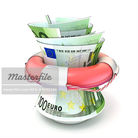 Red lifebuoy saving money, roll euro. 3D render illustration isolated on white background