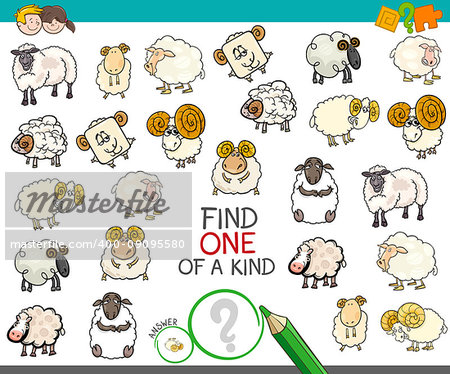 Cartoon Illustration of Find One of a Kind Picture Educational Activity Game for Children with Sheep Characters