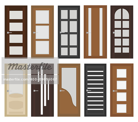 Interior doors set, flat style. Door with different types of glass. Isolated on white background. Vector illustration