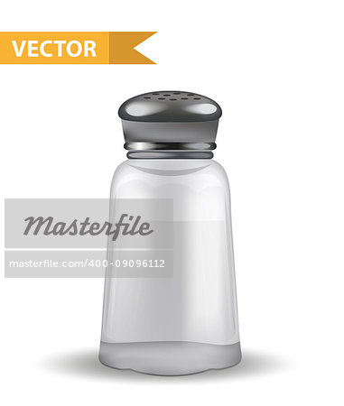 Realistic 3d salt shaker. Glass jar for spices. Isolated on white background. Ingredient for cooking. Vector illustration