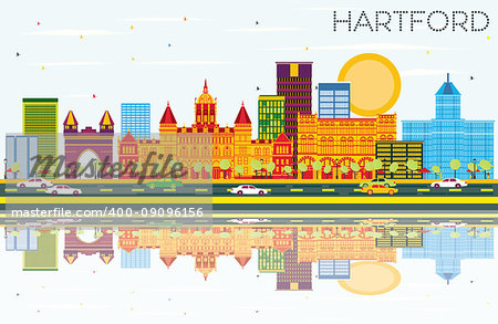 Hartford Skyline with Color Buildings, Blue Sky and Reflections. Vector Illustration. Business Travel and Tourism Concept with Historic Architecture.