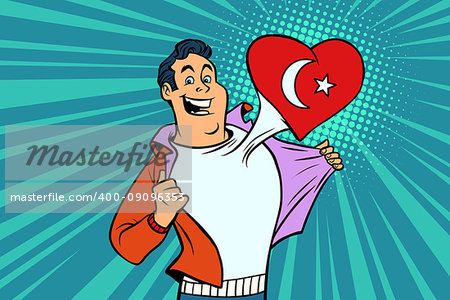 Turkey patriot male sports fan flag heart. Comic book cartoon pop art retro illustration