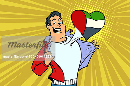 UAE patriot male sports fan flag heart. Comic book cartoon pop art retro illustration