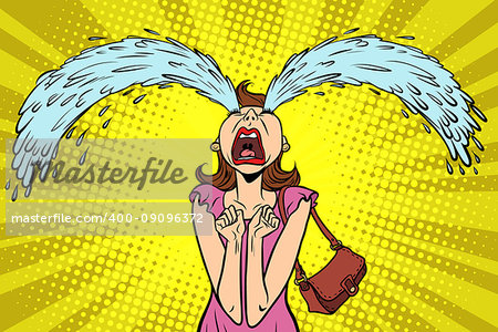 Funny woman crying, the big tears. Comic book cartoon pop art retro illustration
