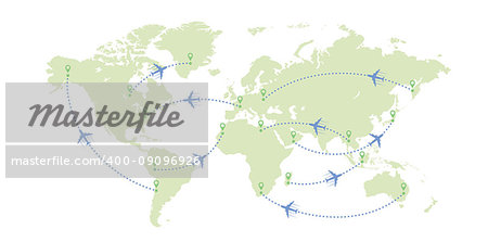 Green world map with aircrafts and their tracks. Vector illustration.