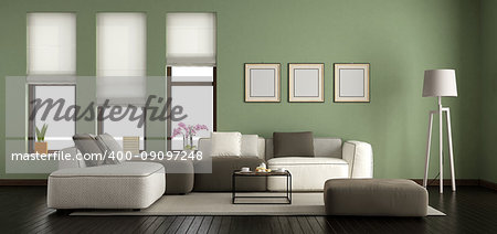 Green modern living room with sofa and windows - 3d rendering