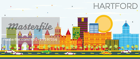 Hartford Skyline with Color Buildings and Blue Sky. Vector Illustration. Business Travel and Tourism Concept with Historic Architecture. Image for Presentation Banner Placard and Web Site.