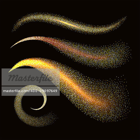 Sparkle stardust. Golden glittering waves with gold particles on black background. Vector illustration design template.