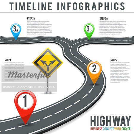 Business Concept with Timeline Road Infographics, Pin Pointers and Road Sign. Flat style icons. Isolated Vector Illustration