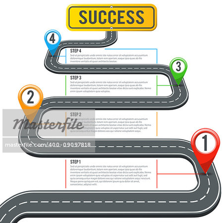 Business Concept with Timeline Road Infographics, Pin Pointers and Road Sign Success. Flat style icons. Isolated Vector Illustration