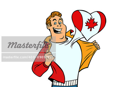 Canada patriot male sports fan flag heart. isolated on white background. Comic book cartoon pop art retro illustration
