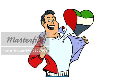 UAE patriot male sports fan flag heart. isolated on white background. Comic book cartoon pop art retro illustration