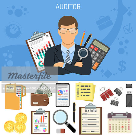 Auditing, Tax, Accounting Concept. Auditor Holds Magnifying Glass in Hand. Flat Style Icons Calculator, Financial Report, Charts, Tax form, Smartphone and Money. Isolated Vector Illustration