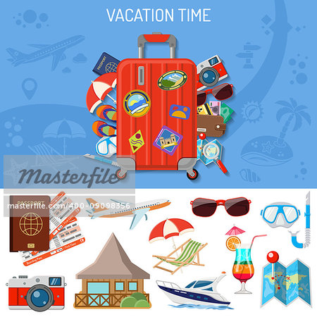 Vacation and Tourism Banner with Flat Icons Planning, Luggage, Trip, Cocktail, Island, Aircraft and Suitcase. Isolated vector illustration