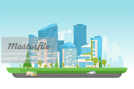 City vector illustration. Small building, big skyscrapers and large smart city tall skyscrapers on background. Urban street with park and trees near cityscape. Metropolis background. Road with cars.