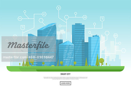 Smart city vector illustration. Small building, big skyscrapers and large smart city tall skyscrapers on background. Urban street with park and trees near cityscape. Metropolis background.