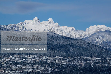 The Lions with the British Properties residential area in West Vancouver in winter, British Columbia, Canada The Lions with the British Properties residential area in West Vancouver in winter, British Columbia, Canada