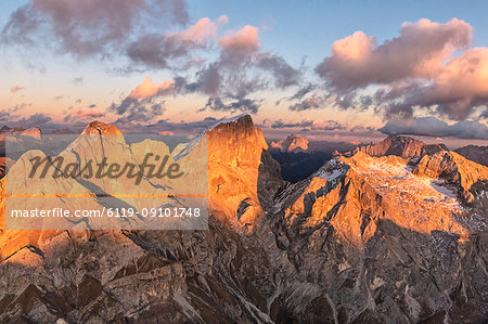 Aerial view of Marmolada, Gran Vernel, Sasso Vernale and Cima Ombretta, Dolomites, Trentino-Alto Adige, Italy, Europe