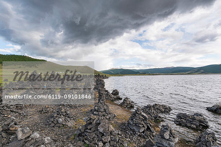 Volcanic rock formations on the shores of White Lake, Tariat district, North Hangay province, Mongolia, Central Asia, Asia