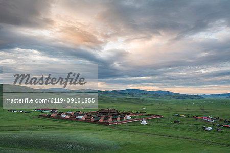 View of Amarbayasgalant Monastery from above at sunset, Mount Buren-Khaan, Baruunburen district, Selenge province, Mongolia, Central Asia, Asia