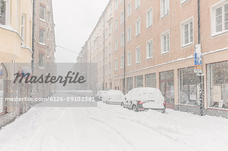 A snow covered street in Sweden