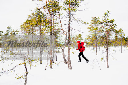 Mature man skiing among trees
