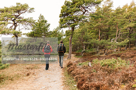 Rear view of couple hiking in Sodermanland, Sweden