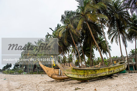Fishing boats on a palm fringed beach in Assinie, Ivory Coast, West Africa, Africa