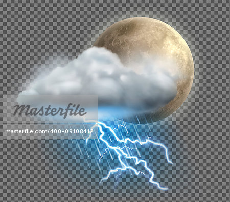 Vector illustration of cool single weather icon with night moon, cloud, heavy fall rain and lightning on transparent background