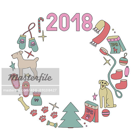 Symbols of christmas and year dog, circle wreath, two, zero, one, eight