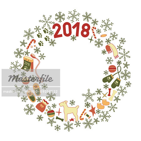 Classic Christmas Wreath with the symbols of the new year 2018, the Year of the Dog. Color green, red, yellow, orange. For winter themes and gifts.