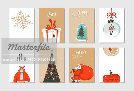 Hand drawn vector abstract fun Merry Christmas time cartoon cards collection set with cute illustrations,surprise gift boxes ,Christmas tree and modern calligraphy isolated on white background.
